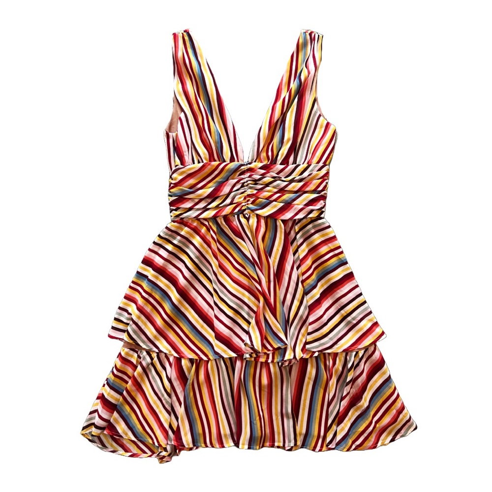 WAYF NWOT multi-colored rainbow striped tiered deep v-neck dress, size small